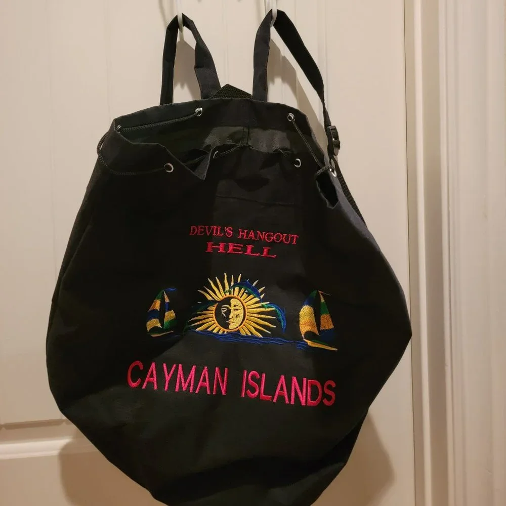 Cayman Islands Drawstring Backpack Black Canvas Embroidered Travel Souvenir Bag